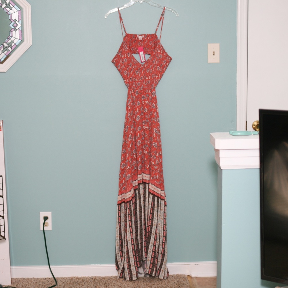 Xhilaration Coral Floral Maxi Dress with Striped Hem and Side Cut-Outs